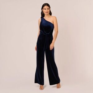 ADRIANNA PAPELL ONE SHOULDER VELVET JUMPSUIT WITH DRAPED ACCENT MIDNIGHT SIZE 12